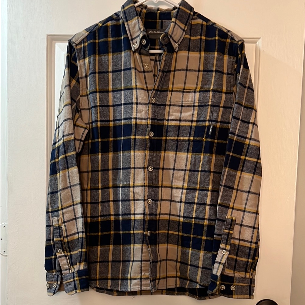 Eddie Bauer Men's Plaid Button Down Shirt - Blue, Tan, Yellow